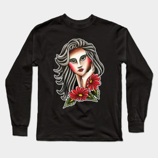 Lady Face with Flowers Tattoo Design Long Sleeve T-Shirt